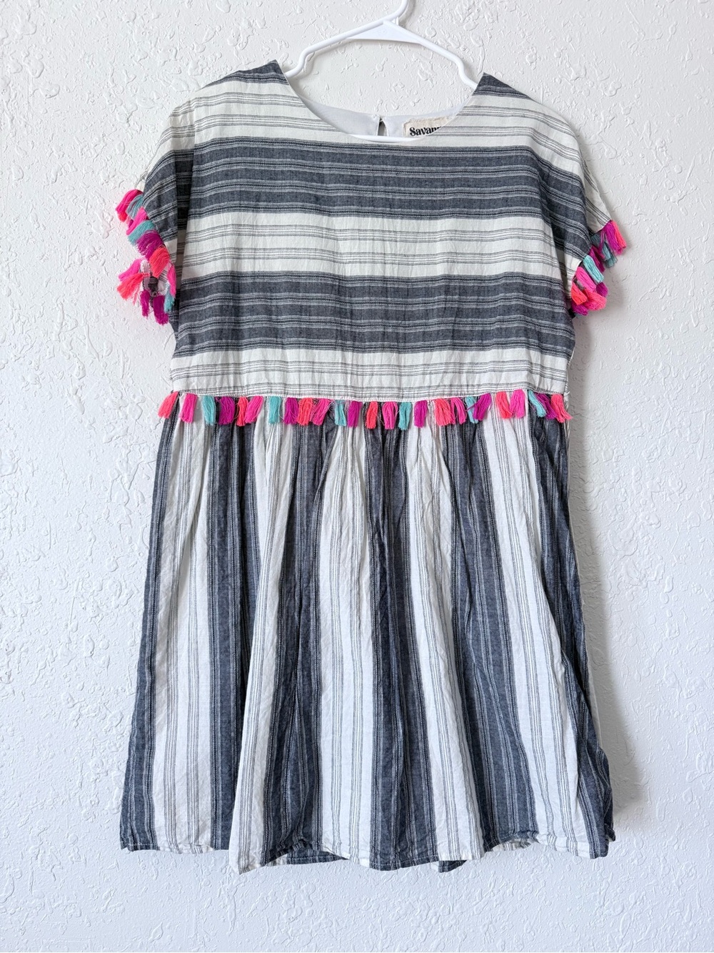 Savanna Jane Striped Boho Tassel Trim Cotton Dress Small